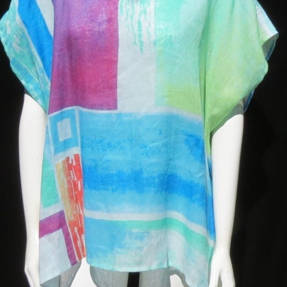 Chico's Linen V-Neck Top in Aqua, Teal, Coral & Purple Stripes - Picture 7 of 10